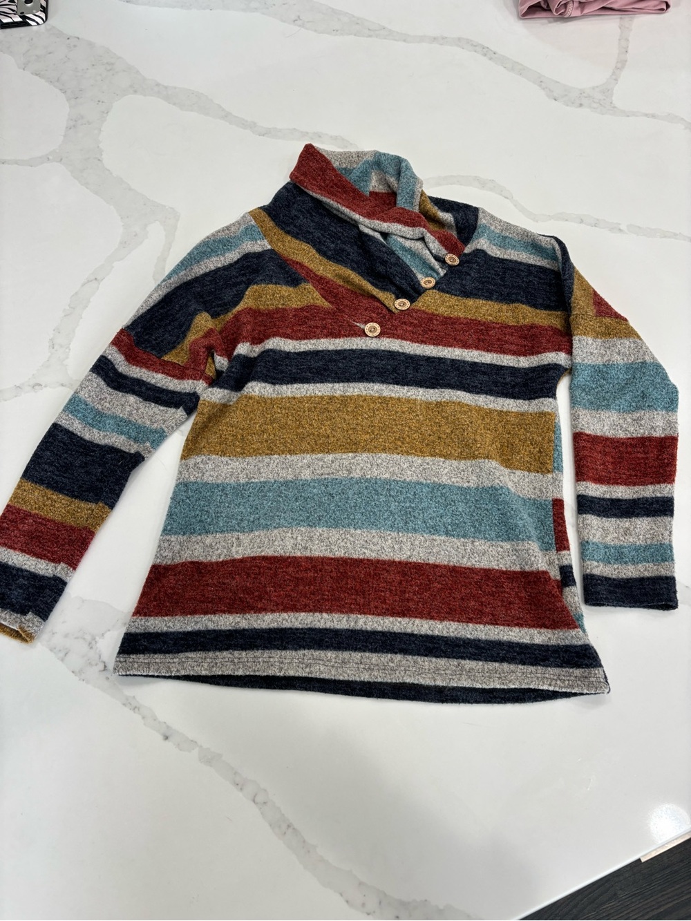 Lovely Melody Striped Button-Cowl Sweater — Blue, Red, Gold, Gray, Cream